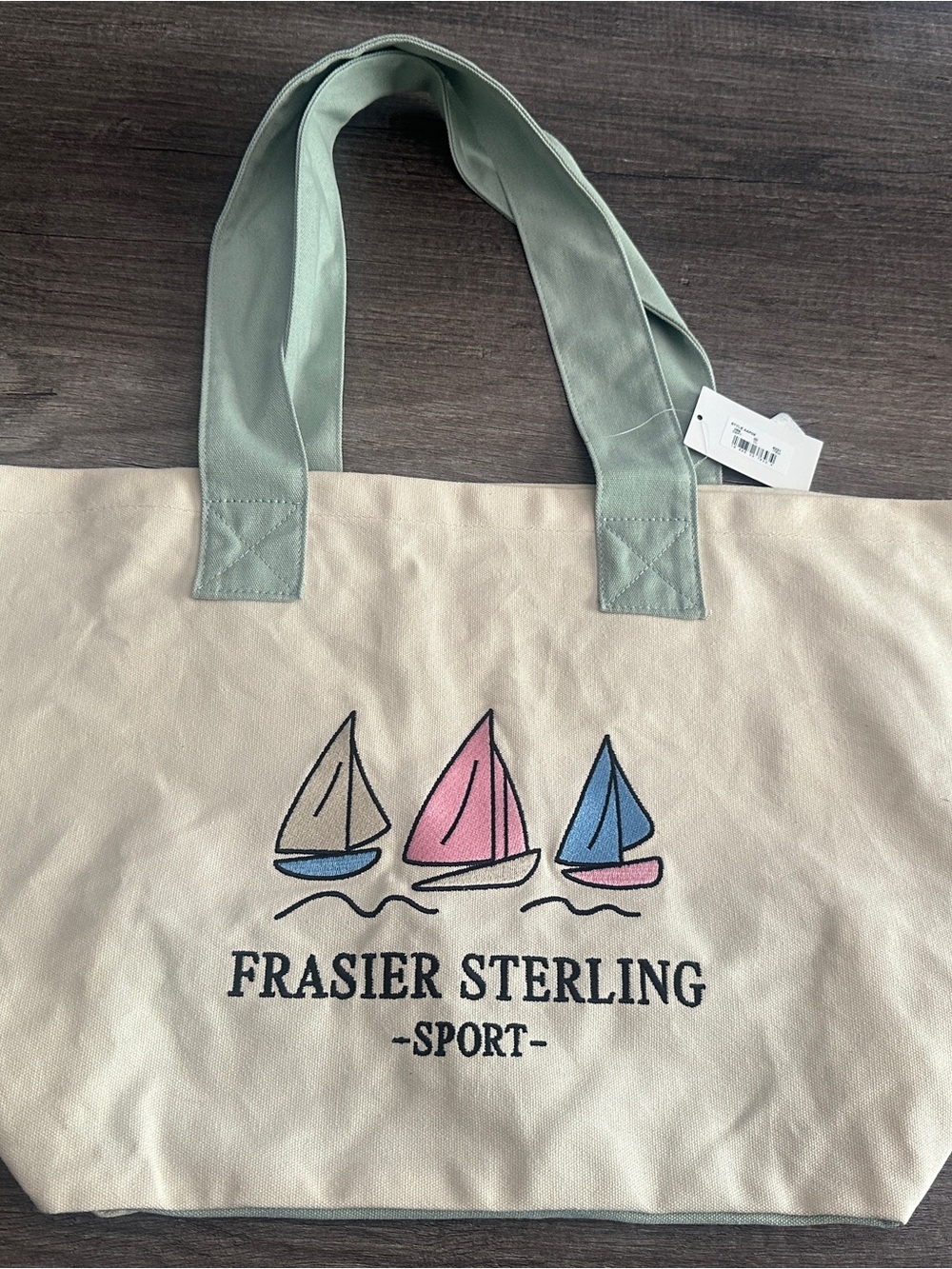 Frasier Sterling Sport Canvas Tote Bag in Beige with Sage Handles